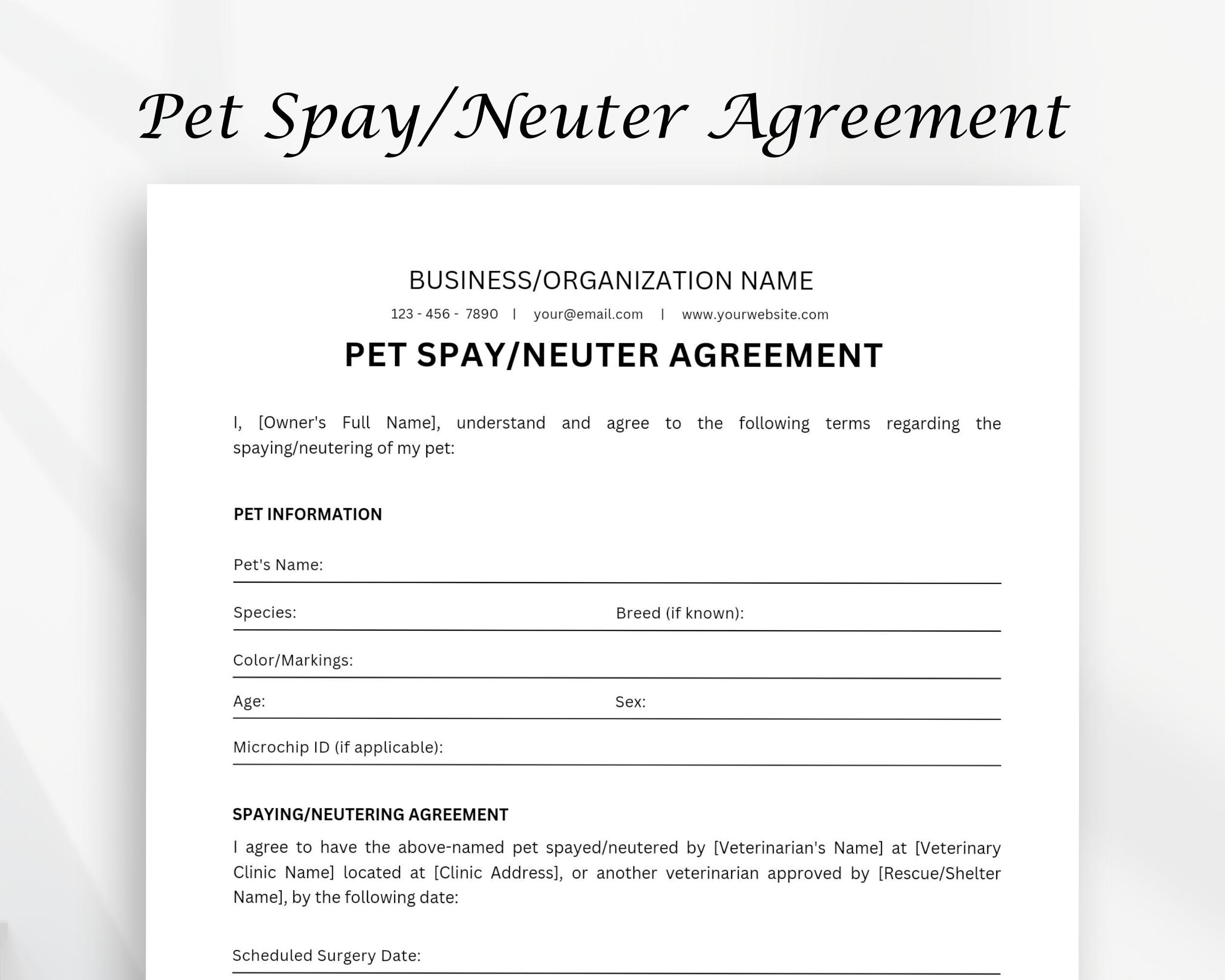 Pet Spay or Neuter Agreement Form, Neuter Agreement Printable Form ...