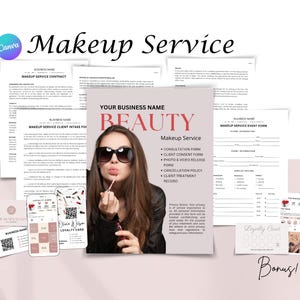 Usługi makijażu Formularz konsultacyjny, Formularz zgody klienta, Karta lojalnościowa, Wizytówka, Edytowalne szablony Canva