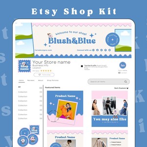 Etsy Shop Kit Bundle, Editable Canva, Etsy Banner Templates, Product Listing Photos Mockup, Etsy Blue Pink Store Branding Kit, Etsy Seller