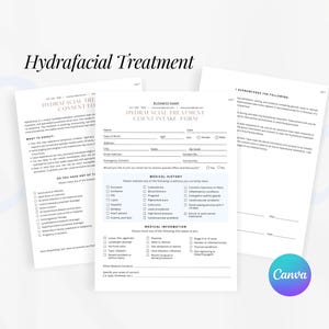 Formulaires de traitement hydrafacial, formulaire de consentement du client, modèle de facture, carte de visite, modèles canva modifiables