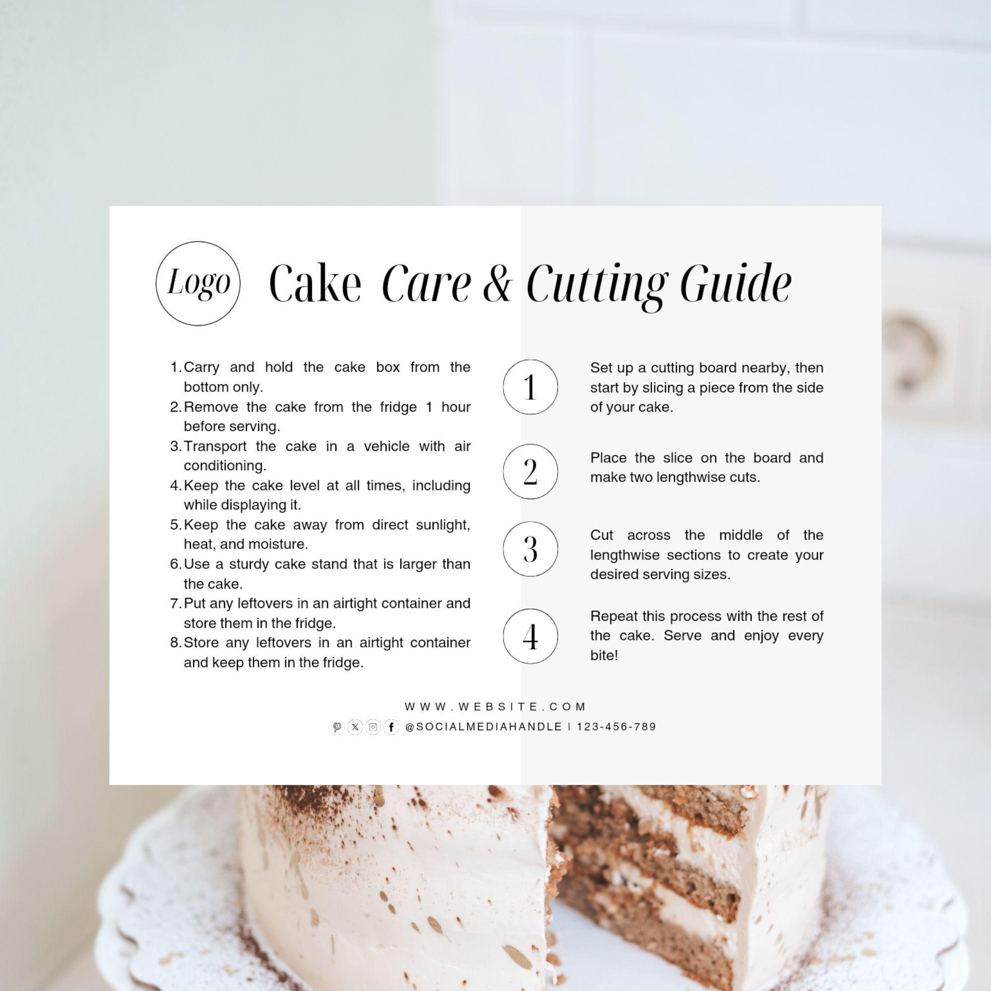 Cake Care Card Printable, Cake Cutting Guide, Editable Canva Template ...