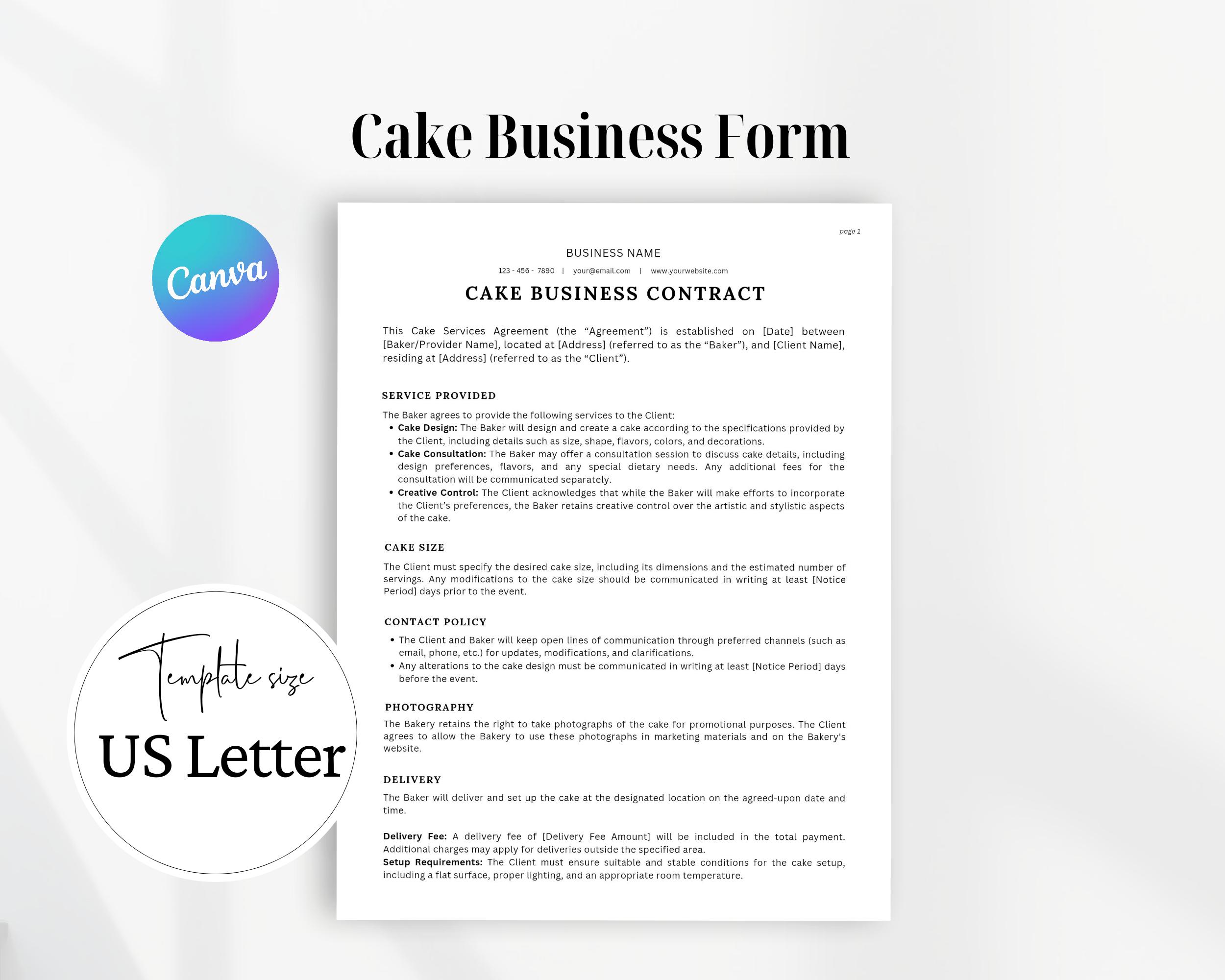 Wedding Cake Contract Form, Cake Contract Printable Form, Business ...
