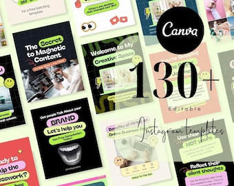 130+ Social Media Instagram Post, Coach Post, Instagram Marketing, bearbeitbare Canva Coaching Vorlage, Bunt Social Media Grün Neon