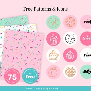 May include: A pink background with three patterned papers and circular icons. The papers have a sprinkle design in various colors. The icons are in circles and feature food and leaf illustrations. Text includes "Free Patterns & Icons" and "75 Icons Included."