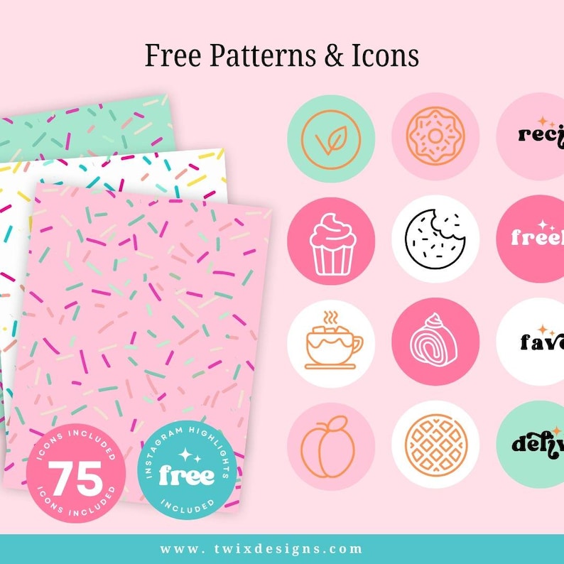 May include: A pink background with three patterned papers and circular icons. The papers have a sprinkle design in various colors. The icons are in circles and feature food and leaf illustrations. Text includes "Free Patterns & Icons" and "75 Icons Included."