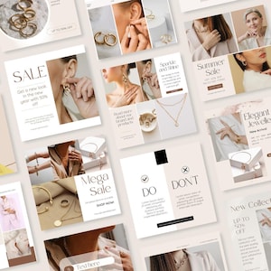600 Jewelry Social Media Templates Bundle, Beige Aesthetic Jewelry Media post, Instagram, Facebook, Pinterest , Editable Canva Template