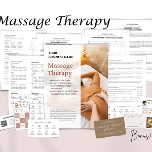 Könnte beinhalten: Ein Satz druckbarer Formulare für Massagetherapie-Unternehmen. Die Formulare umfassen ein Beratungsformular, ein Einverständniserklärungsformular des Kunden, ein Formular für Notizen zur Seifenmassagetherapie, ein Formular zur Freigabe von Fotos und Videos sowie ein Formular zur Stornierungsrichtlinie. Die Formulare sind so konzipiert, dass sie von Massagetherapeuten verwendet werden können, um ihnen zu helfen, ihre Unternehmen effizienter zu führen.