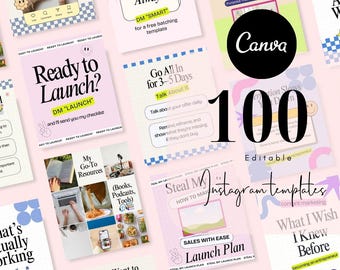100 zabawnych, kolorowych postów na Instagramie w mediach społecznościowych, postów trenerskich, marketingu na Instagramie, zestawu do budowania marki osobistej, edytowalnych szablonów coachingowych Canva