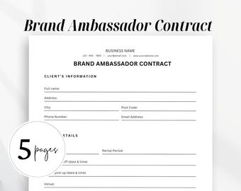 Brand Ambassador Contract Form, Contract Printable form, Business Contract Form, Editable Form Template, Editable Canva templates