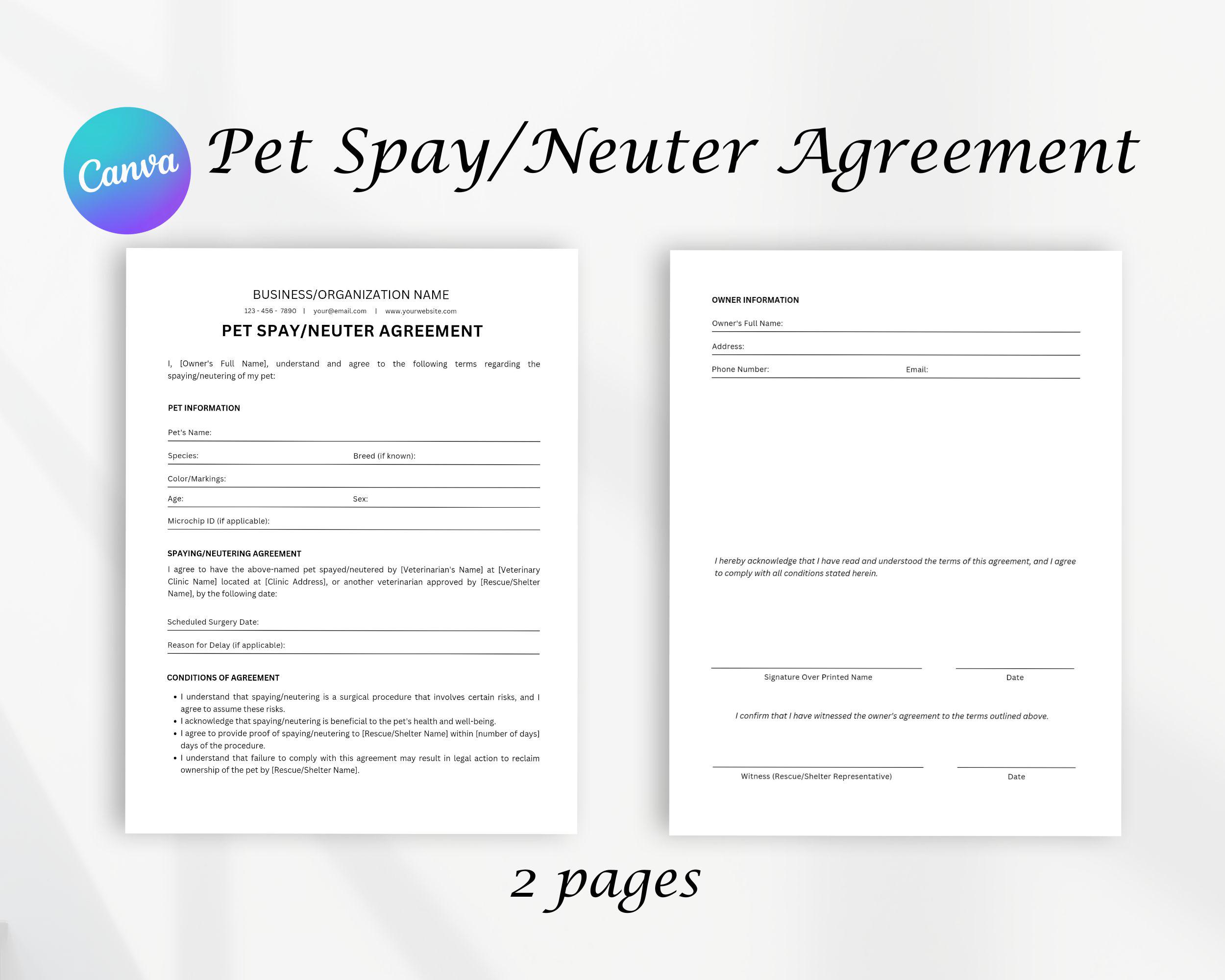 Pet Spay or Neuter Agreement Form, Neuter Agreement Printable Form