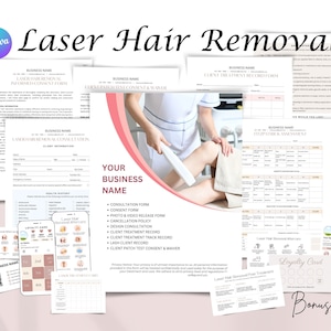 Bewerkbare toestemmingsformulieren voor laserontharing, intakeformulier, Fitzpatrick-schaal, behandelverslag, nazorgkaart, Canva-sjablonen