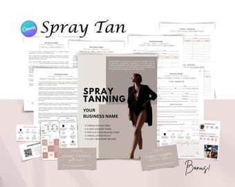 Formularios de bronceado en spray, formulario de consulta, formulario de consentimiento del cliente, tarjeta de cuidados posteriores, plantillas de Canva editables