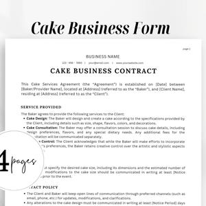 Könnte beinhalten: Ein schwarz-weißes Dokument mit dem Titel "Cake Business Contract" und einem Abschnitt mit der Überschrift "Service Provided". Das Dokument enthält Details zu Cake-Design, Beratung und Kontrolle über die künstlerischen und stilistischen Aspekte des Kuchens.