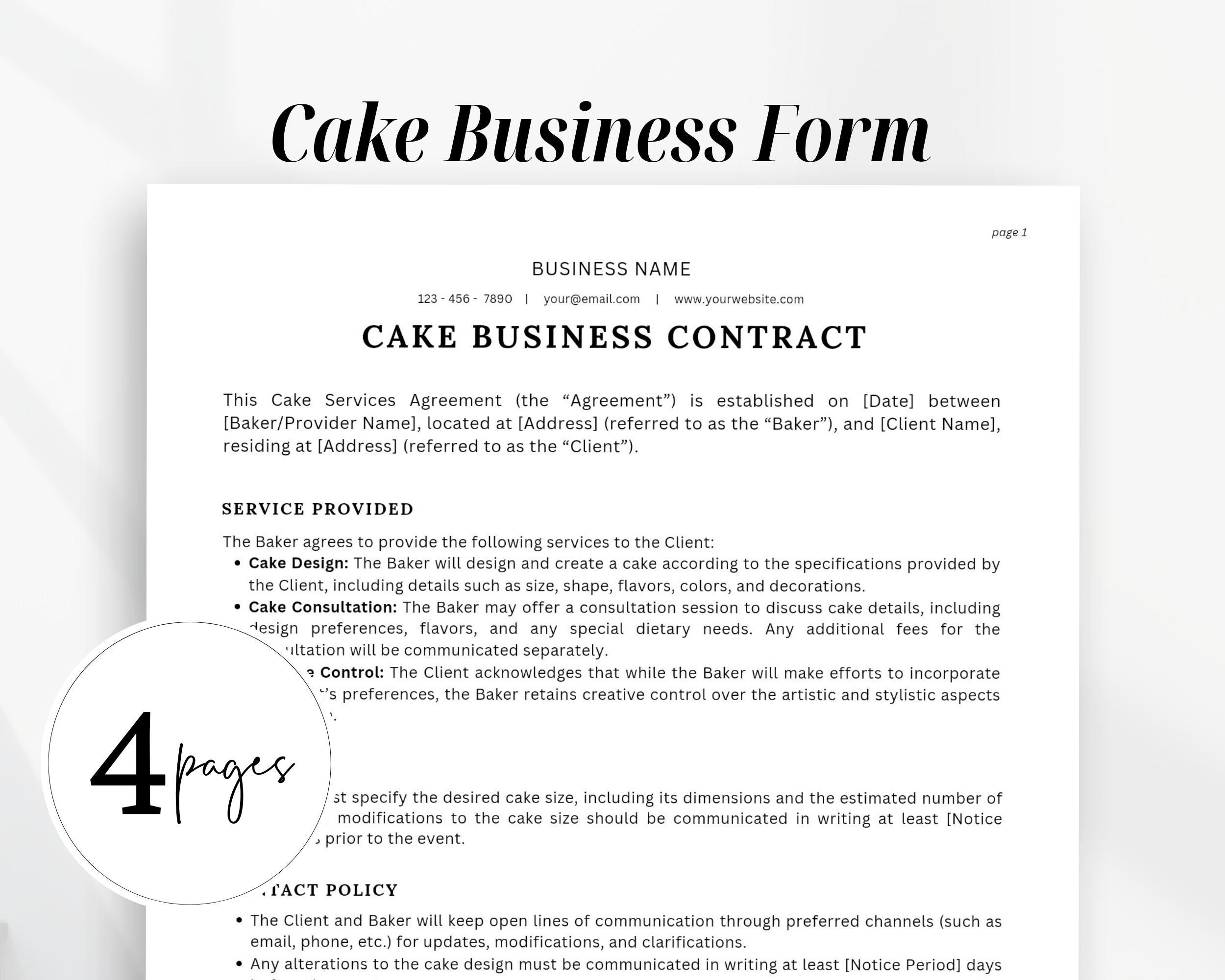 Wedding Cake Contract Form, Cake Contract Printable Form, Business ...