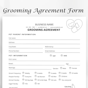 Grooming Section Lettering Grooming Agreement Form, Printable Form, Dog and Cat Grooming Agreement ...