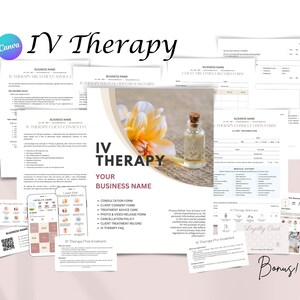 Lot de formulaires modifiables de consentement pour une thérapie IV, consultation du client pour une thérapie intraveineuse, modèles Canva modifiables pour une thérapie IV