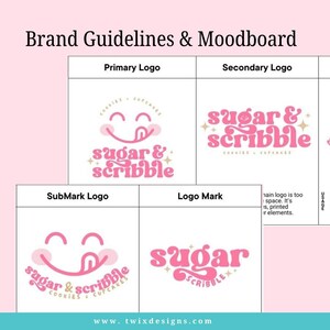 May include: A brand guidelines and mood board featuring logos for "sugar & scribble" in pink. The primary logo includes a smiling face with a tongue sticking out. The secondary logo and logo mark are also displayed. The website address is www.twixdesigns.com.