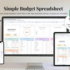 May include: A computer screen displaying a Google Sheets spreadsheet titled "Simple Budget Spreadsheet". The spreadsheet is designed to help users track their income and expenses. The spreadsheet is divided into sections for income, expenses, and savings. The spreadsheet also includes a section for notes. The spreadsheet is designed to be easy to use and understand. The spreadsheet is available for purchase on Etsy.