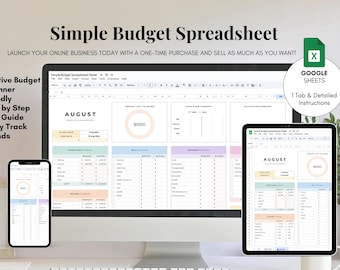 Simple Budget Spreadsheet Template,  Annual Budget, Monthly Tracker, Income and Expenses Tracker, Google Sheets - 1 tab