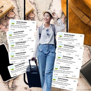 May include: A woman in a white shirt, jeans, and a hat, holding a suitcase, smiles in front of a travel-themed background. Twitter-style posts with the text "Kyrie Petrakis @reallygreatsite" and "Make yourself seen and heard. Do more of what you love."