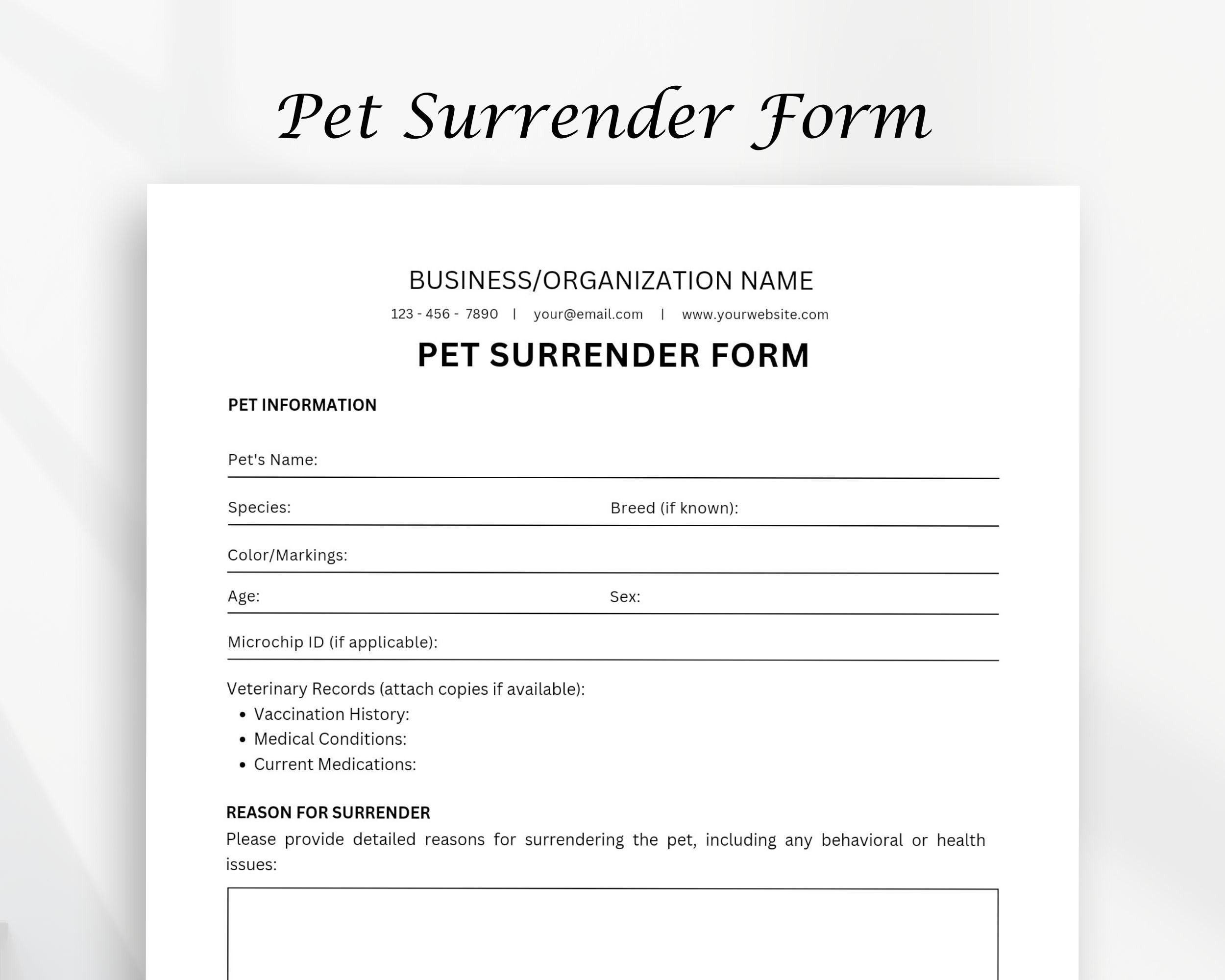 Animal Surrender Form Printable Pdf Download