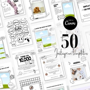 以下が含まれることがあります： 白黒デザインの50個のInstagramテンプレートのコレクション。テンプレートには、吹き出し、ウィンドウ、および「Edit in Canva」のテキストなど、テキストとグラフィック要素を備えたさまざまなレイアウトが用意されています。
