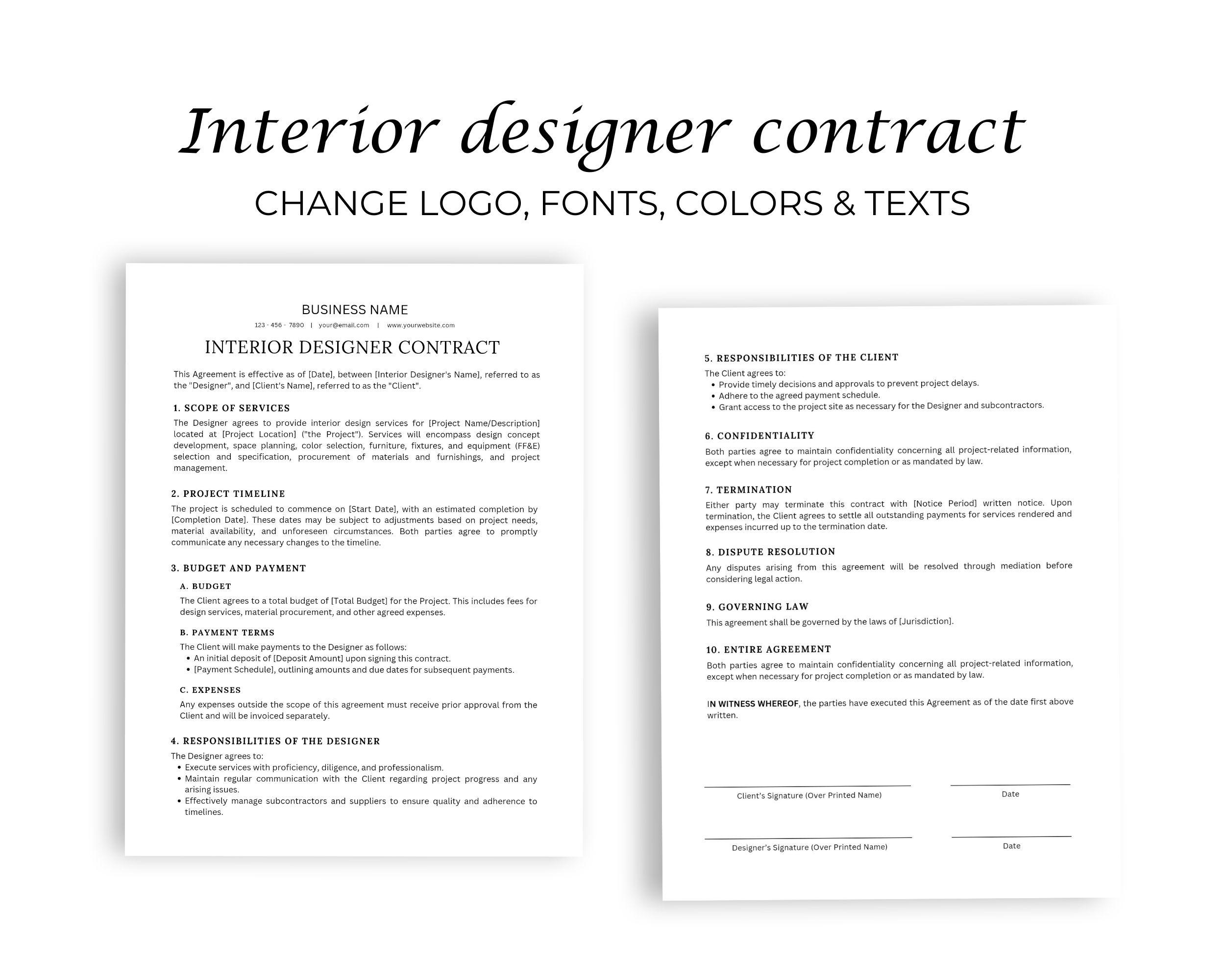 Interior Designer Client Contract Forms, Service Contract, Minimalist ...