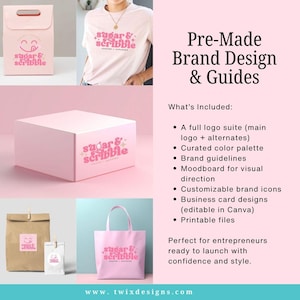 May include: A promotional image showcasing pre-made brand design and guides. The image features a pink box, shopping bag, and t-shirt, all displaying the "sugar & scribble" logo. Text on the right lists included items like logo suites, color palettes, and brand guidelines.