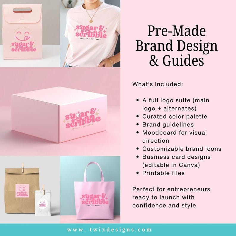 May include: A promotional image showcasing pre-made brand design and guides. The image features a pink box, shopping bag, and t-shirt, all displaying the "sugar & scribble" logo. Text on the right lists included items like logo suites, color palettes, and brand guidelines.