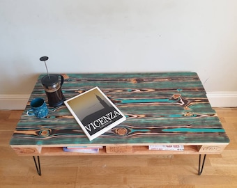 Reclaimed retro pallet coffee table made with salvaged wood with industrial hairpin legs