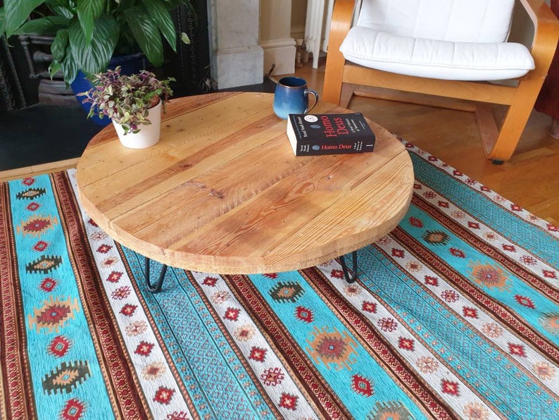 Retro round painted reclaimed wood side table or coffee table image 9