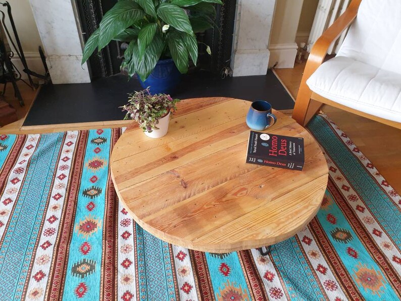 Retro round painted reclaimed wood side table or coffee table image 10