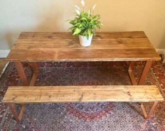 Rustic Reclaimed Scaffolding Table and Benches with Industrial Box Section Steel legs in Copper finish