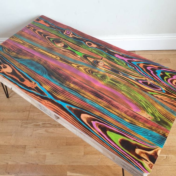 Painted pallet coffee table made with reclaimed wood with industrial hairpin legs