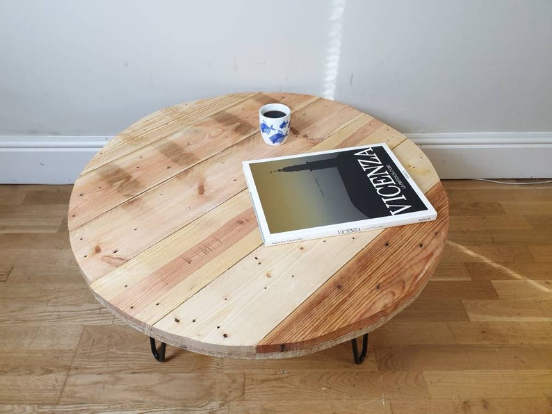Retro round painted reclaimed wood side table or coffee table image 2