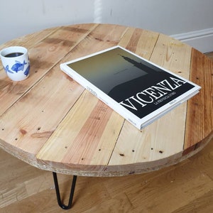 Retro round painted reclaimed wood side table or coffee table image 1