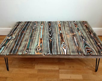 Painted pallet coffee table with industrial hairpin legs