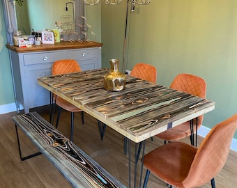 Painted pallet coffee table with industrial hairpin legs