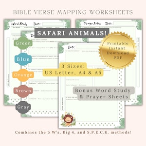 May include: Printable Bible verse mapping worksheets with a safari animal theme. The worksheets feature a green, blue, orange, brown, and gray color scheme. The worksheets are available in three sizes: US Letter, A4, and A5. The worksheets include a bonus word study and prayer sheets.