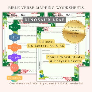 Könnte beinhalten: Druckbare Bibelvers-Mapping-Arbeitsblätter mit einem Dinosaurierblatt-Design. Die Arbeitsblätter sind in drei Größen erhältlich: US Letter, A4 und A5. Die Arbeitsblätter beinhalten einen Wortstudien- und einen Gebetsteil. Die Arbeitsblätter sind so konzipiert, dass sie Ihnen helfen, die Bibel mit den 5 W, Big 4 und den S.P.E.C.K.-Methoden zu studieren.