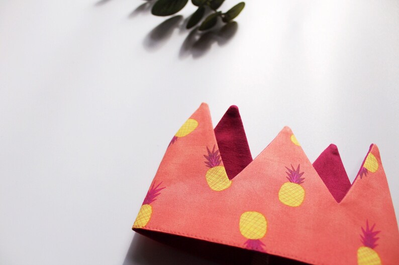 Customisable Reversible Fabric Birthday Party Crown in pink tropical pineapple holiday Childrens Dress Up Cake Smash Baby shower gift
