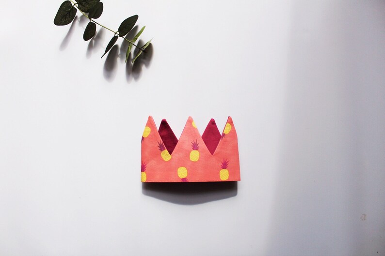 Customisable Reversible Fabric Birthday Party Crown in pink tropical pineapple holiday Childrens Dress Up Cake Smash Baby shower gift