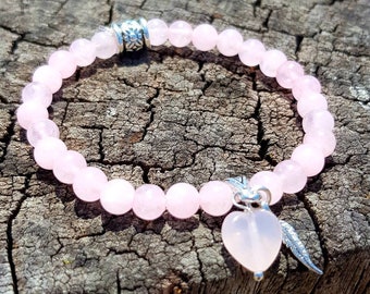 Rose Quartz Heart Pendant Bracelet: Handmade Stretch Bracelet