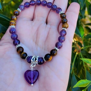Amethyst & Tiger Eye Stretch Bracelet with Heart Charm
