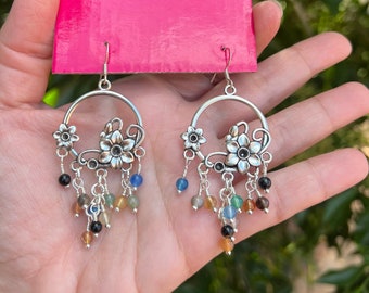 Silver Multicolor Agate Earrings, Agate chandelier cluster Earrings,  Colourful crystal Earrings