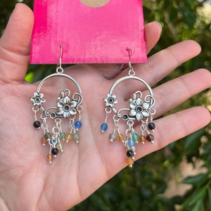 Silver Multicolor Agate Earrings, Agate chandelier cluster Earrings, Colourful crystal Earrings image 1