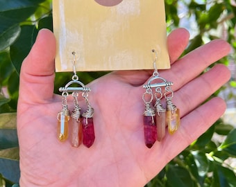 Silver Aura Quartz Earrings, Multi Coloured Aura Quartz Earrings, Raw Crystal Quartz Earrings