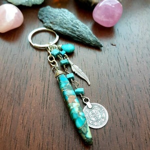 Ocean jasper and Howlite turquoise Keychain, turquoise bag Charm. Long charm key ring