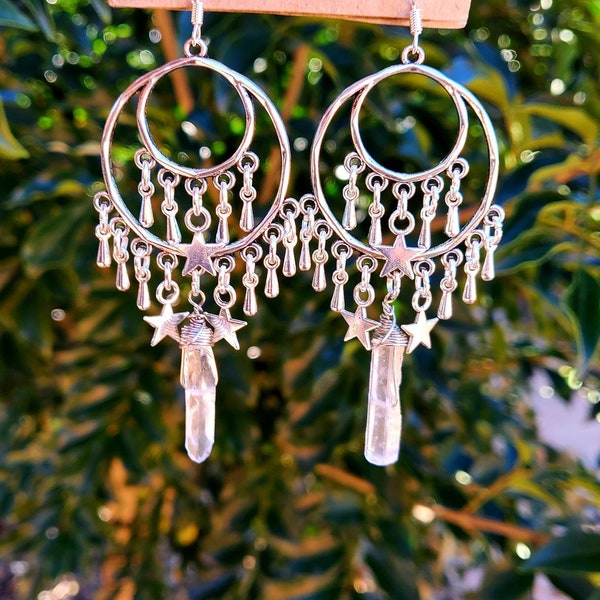 Silver Raw Crystal Quartz Dangle Chandelier Earrings Silver, Crystal Quartz Jewellery