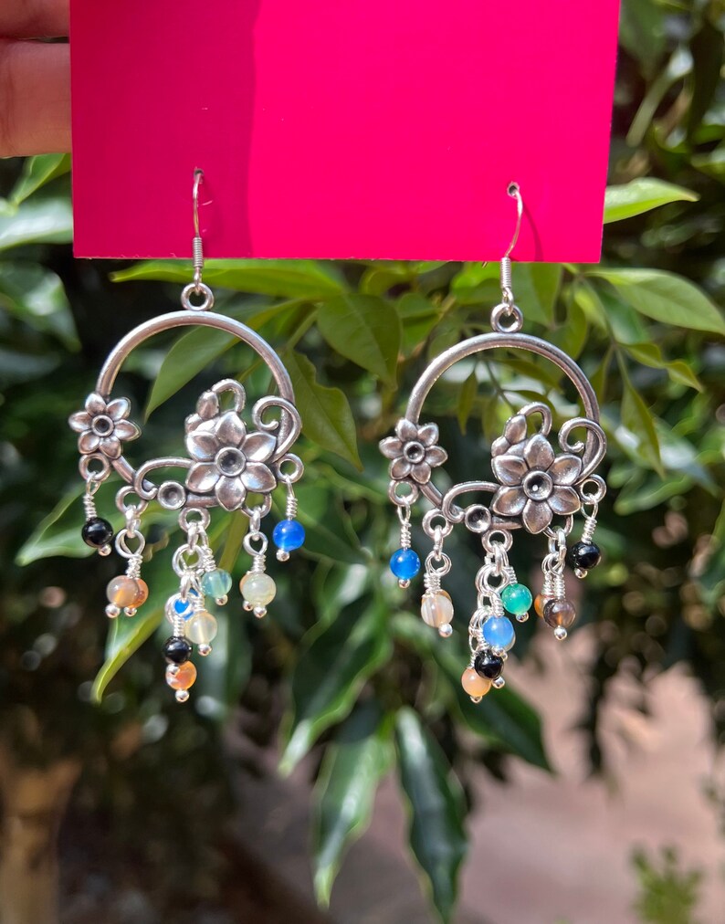 Silver Multicolor Agate Earrings, Agate chandelier cluster Earrings, Colourful crystal Earrings image 8